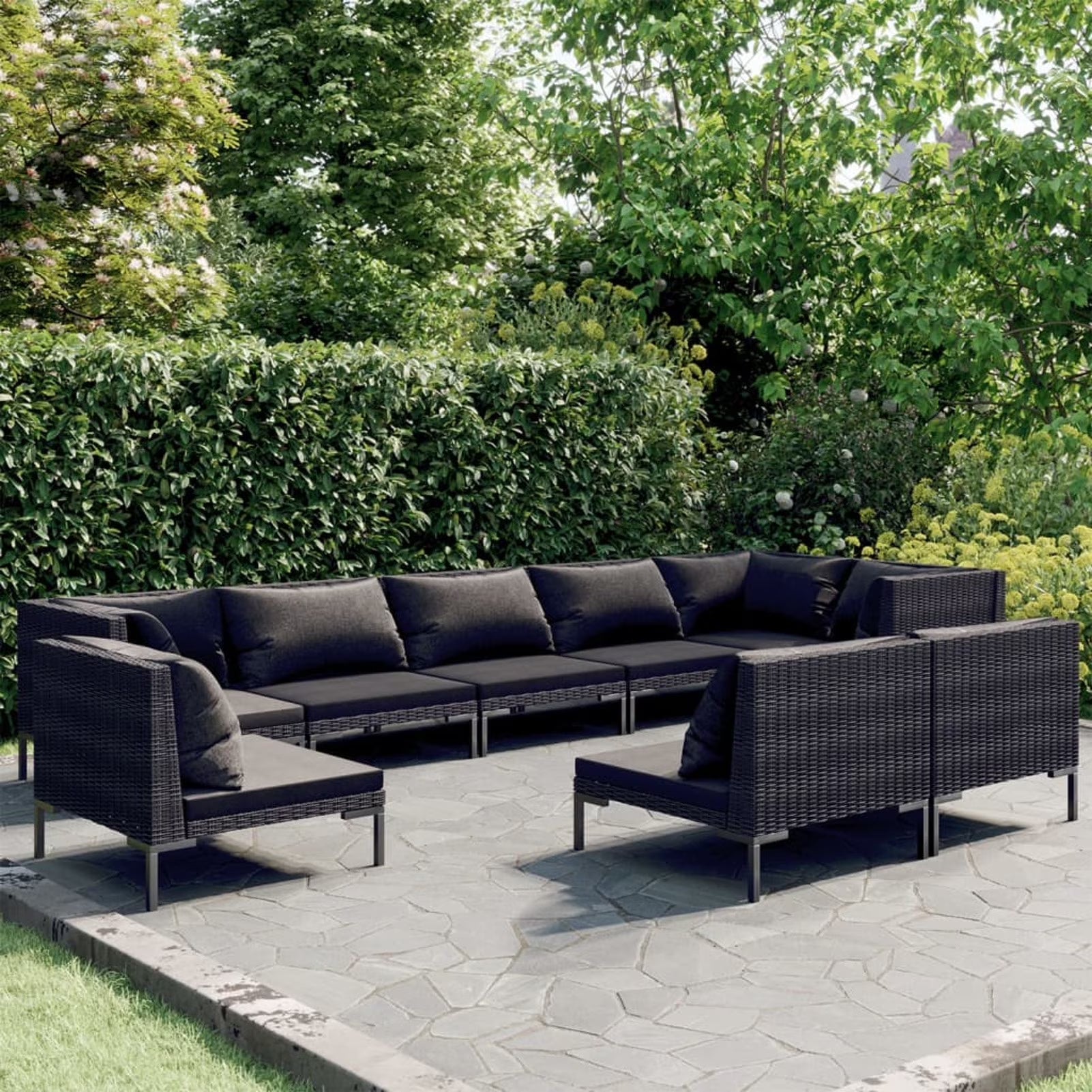 9 Piece Dark Gray Outdoor Sectional Sofa Set with Black Cushions P622