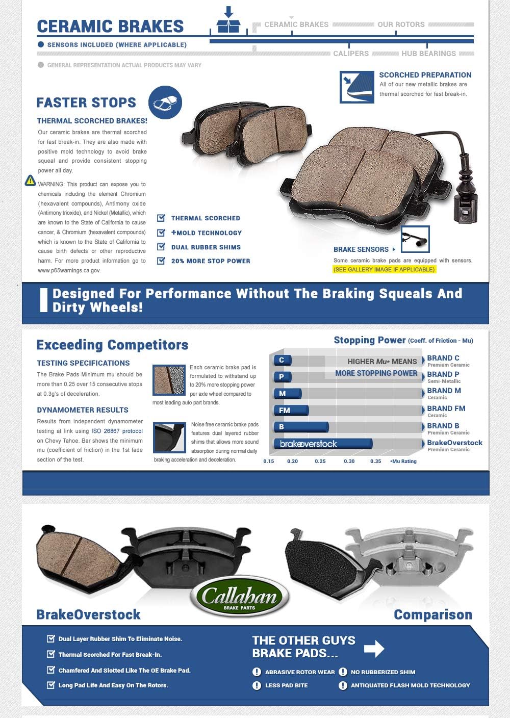 6 Lug Brake Disc Rotors with Ceramic Pads and Clips H631
