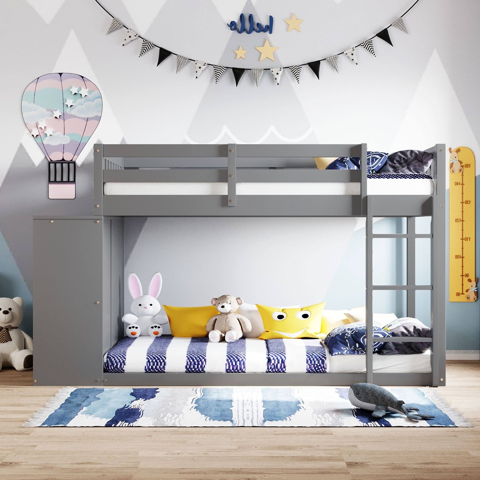 Gray Twin Over Twin Bunk Bed with 4 Drawer Storage Cabinet W64664