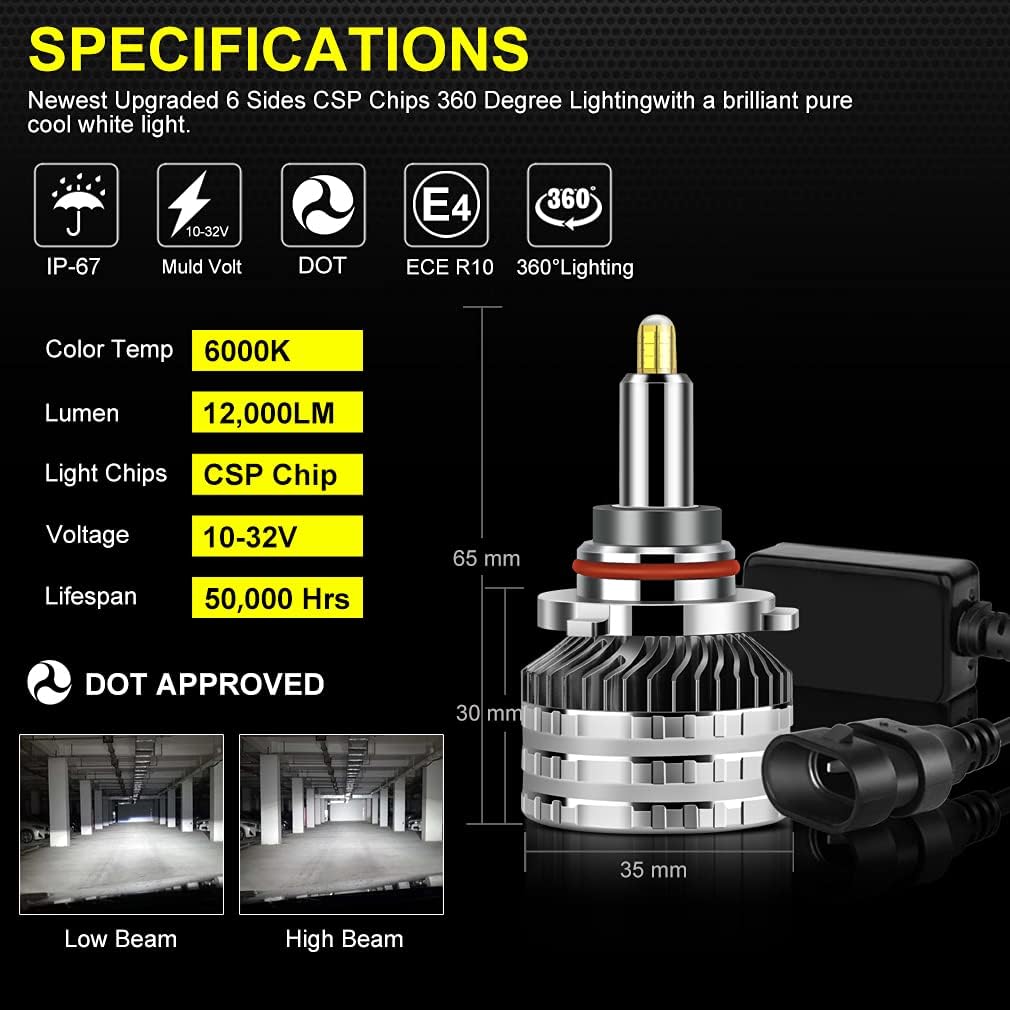 9005 9006 LED Headlight Bulbs, 6000K Cool White, HB3 HB4, IP68 Waterproof, Pack of 2 E80693
