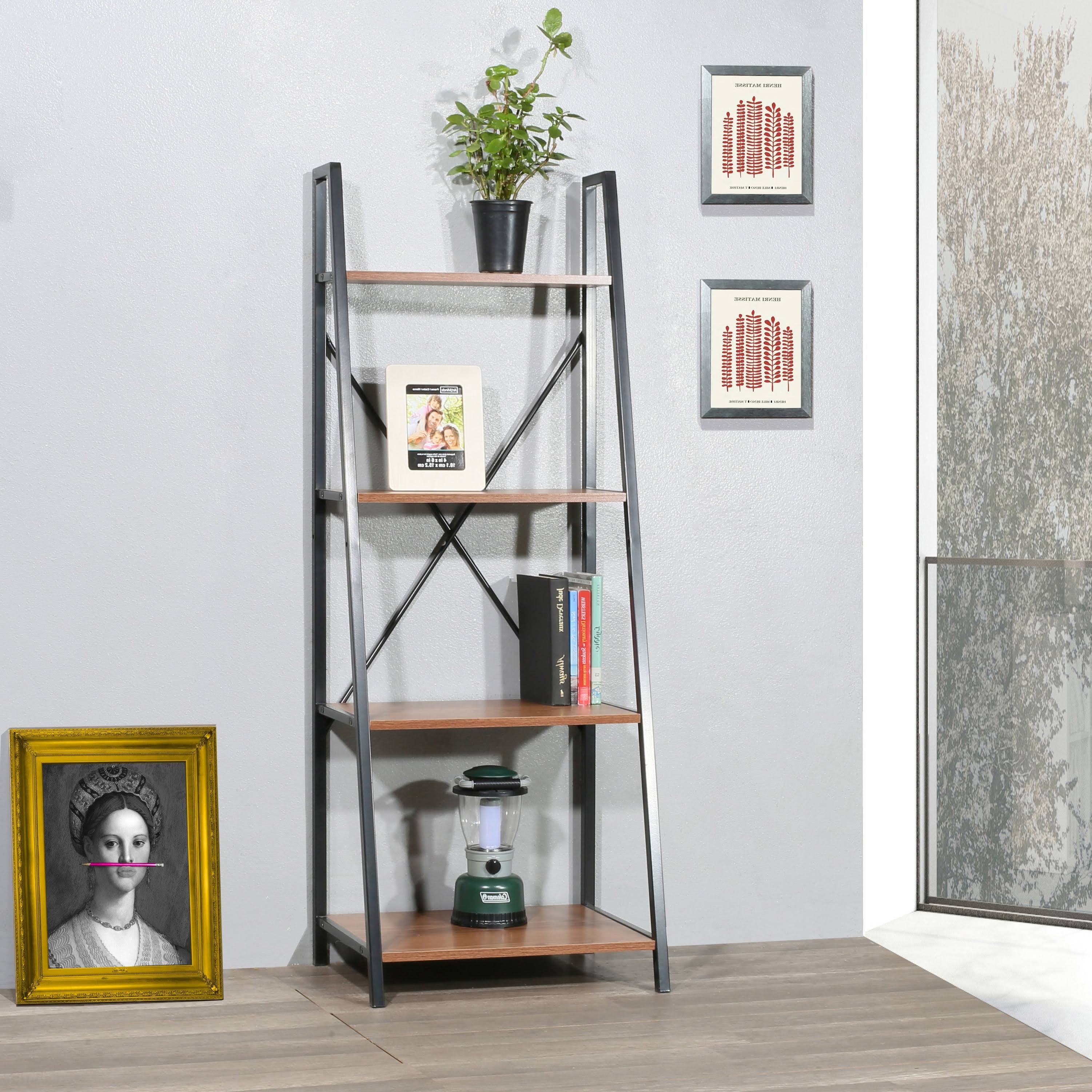 Walnut Ladder Bookshelf with Black Frame Y99632