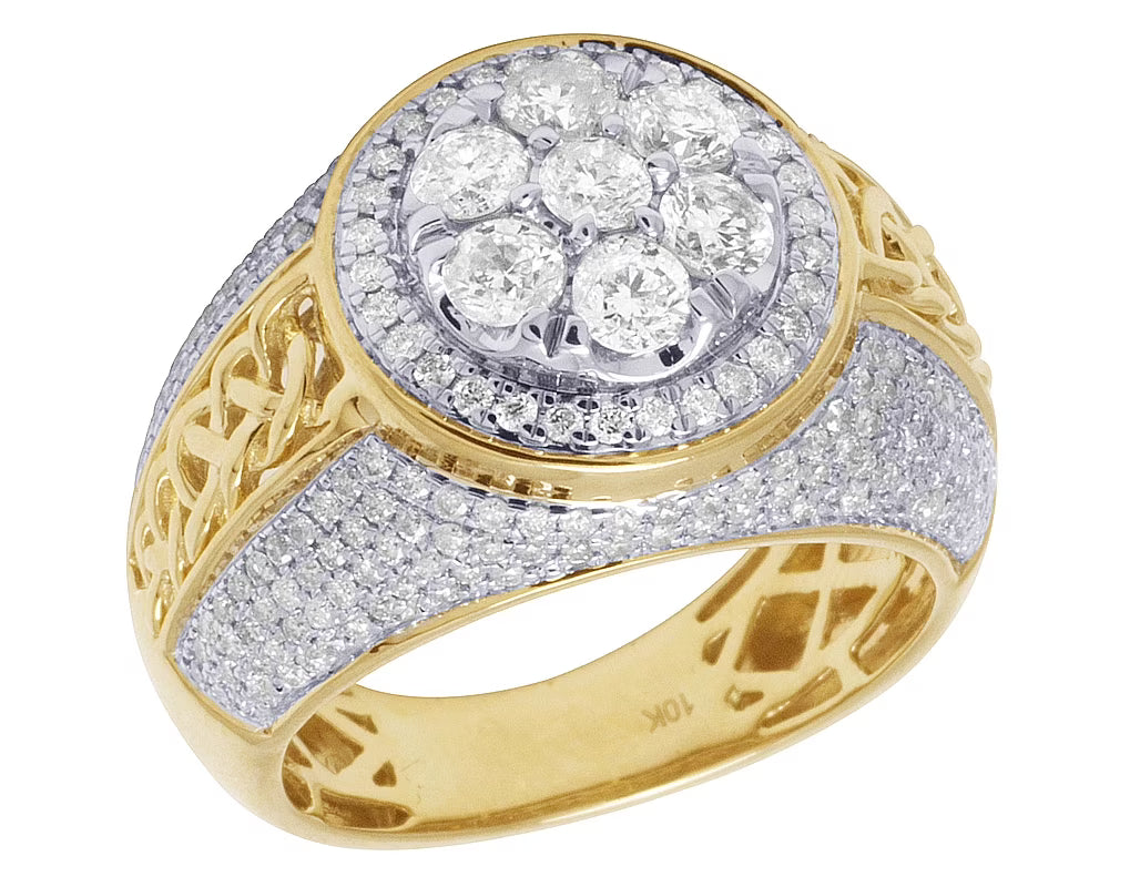 10K Yellow White Gold Real Diamond Mens Dome Flower Cluster Pinky Ring 2 3/4 CT E1357