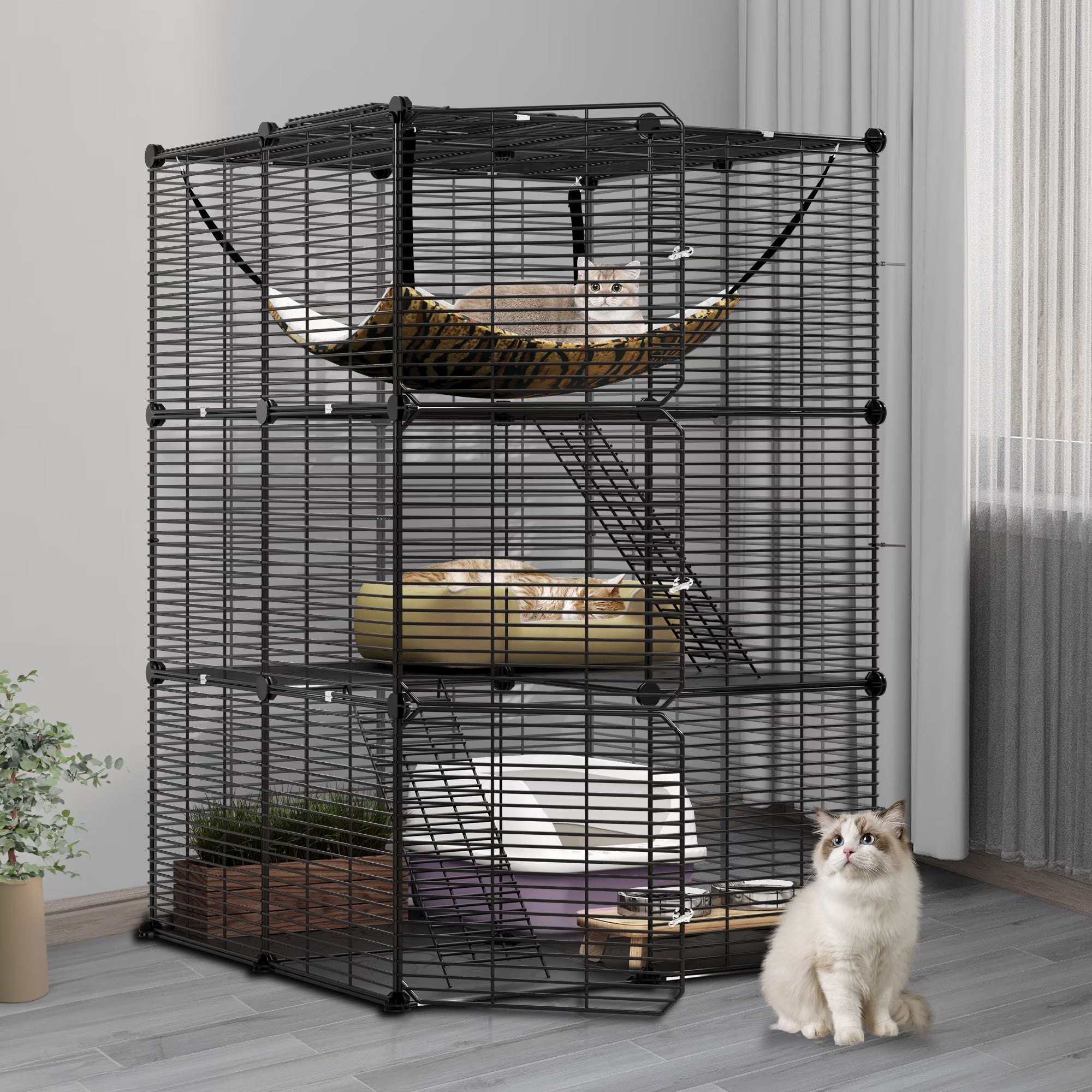 Indoor Cat Cage with Extra Large Hammock for Multiple Small Animals, 28"L x 28"W x 41"H, Black T580253
