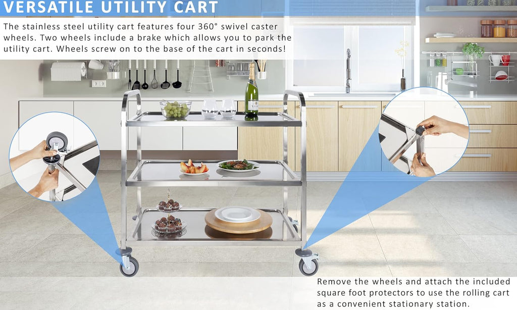 Stainless Steel 3 Tier Rolling Utility Cart with Swivel Locking Wheels H542508