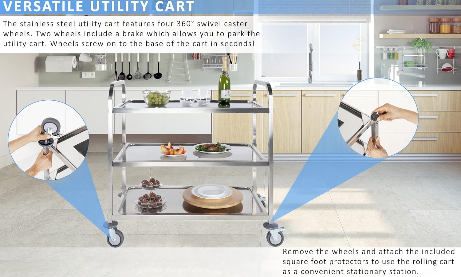 Stainless Steel 3 Tier Rolling Utility Cart with Swivel Locking Wheels H542508