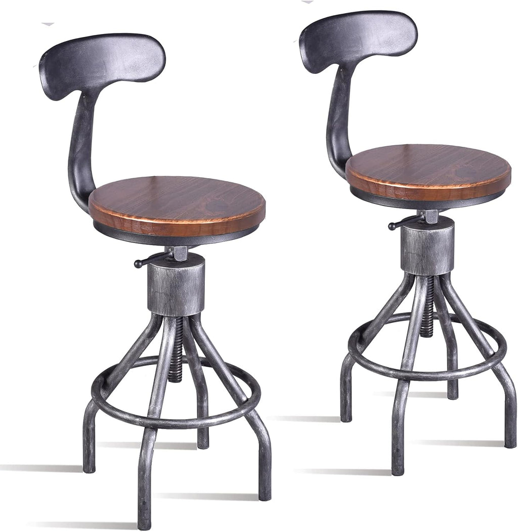 Industrial Vintage Bar Stool, Adjustable Pipe Stool, Cast Iron Stool, Swivel Bar Stool with Backrest, Metal Stool, Silver, Set of 2 F626