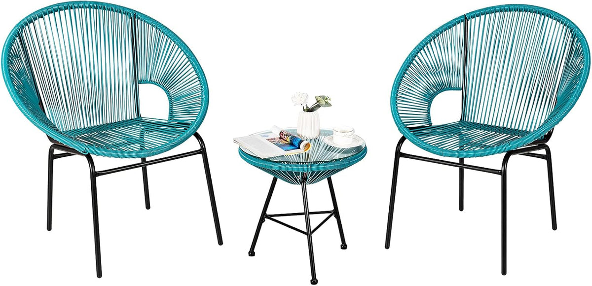 3 Piece Black Outdoor Patio Bistro Set with Tempered Glass Table M334