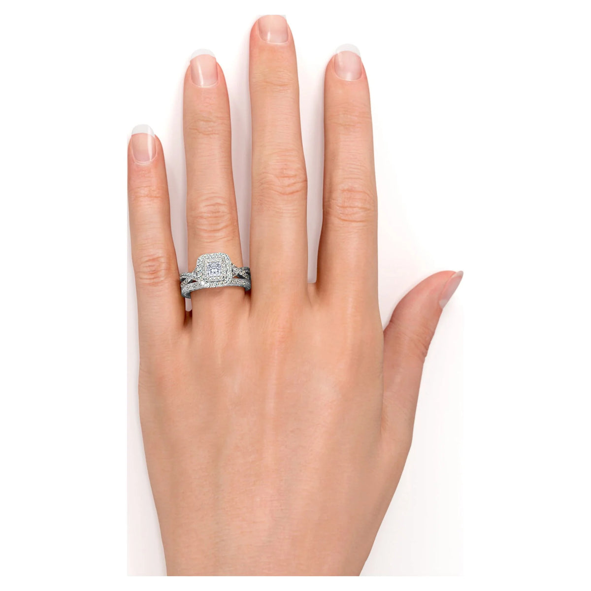 18K White Gold over Silver Moissanite Wedding Ring Set M49044