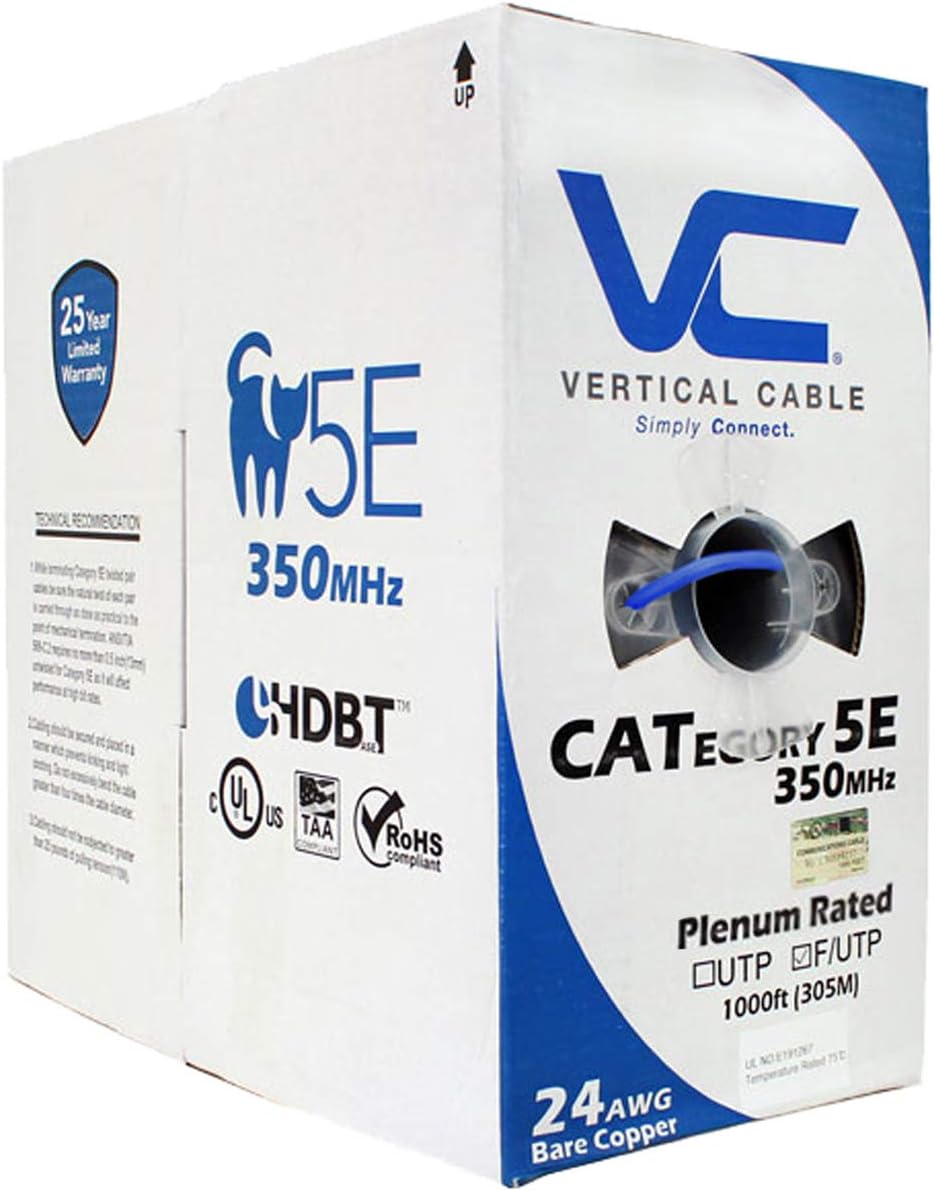 Cat5e Shielded 24AWG Solid Bare Copper Plenum 1000ft Bulk Ethernet Cable White L719
