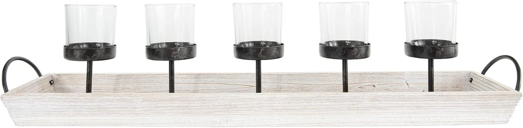 White Metal Rectangle Wood Tray with Handles Votive Holder F58616