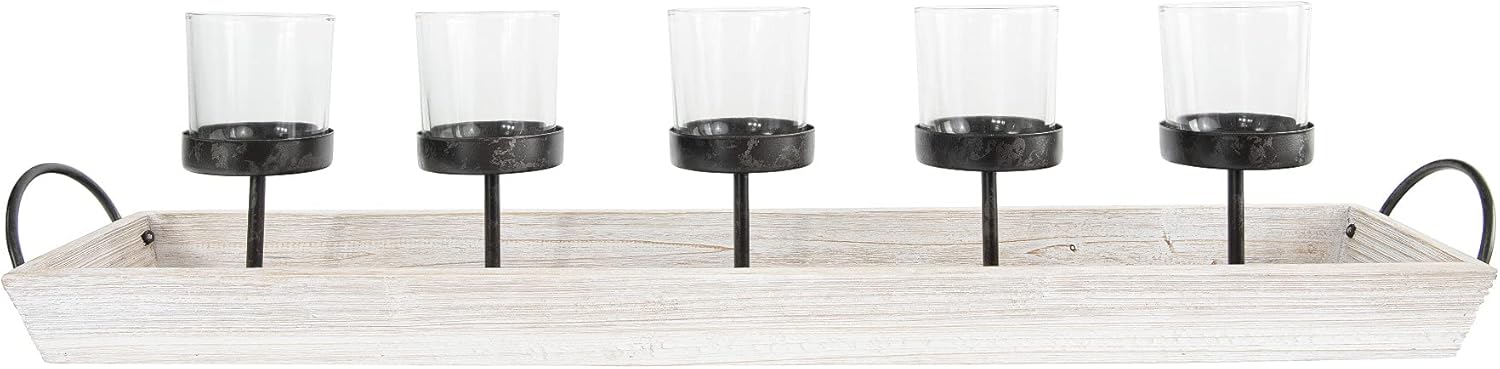 White Metal Rectangle Wood Tray with Handles Votive Holder F58616