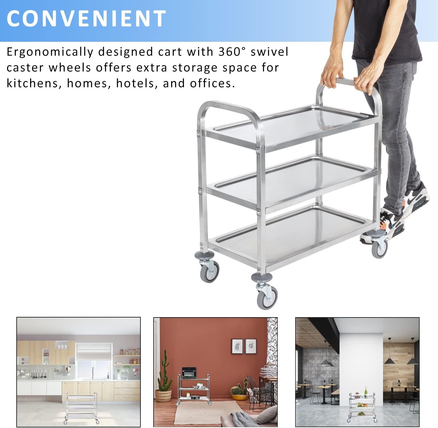 Stainless Steel 3 Tier Rolling Utility Cart with Swivel Locking Wheels H542508