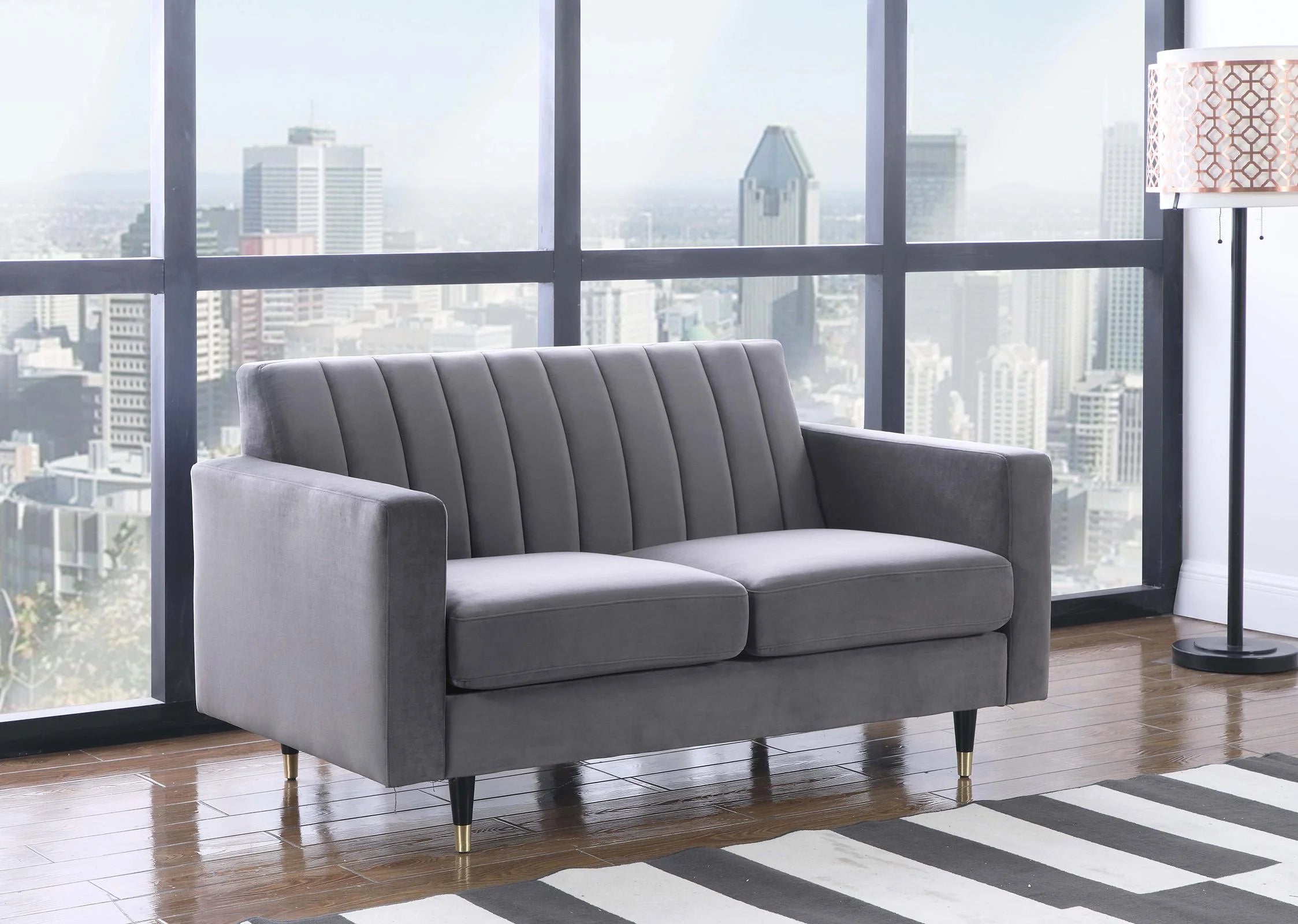 Grey Velvet Channel Tufting Sofa Set 2Pcs C92747