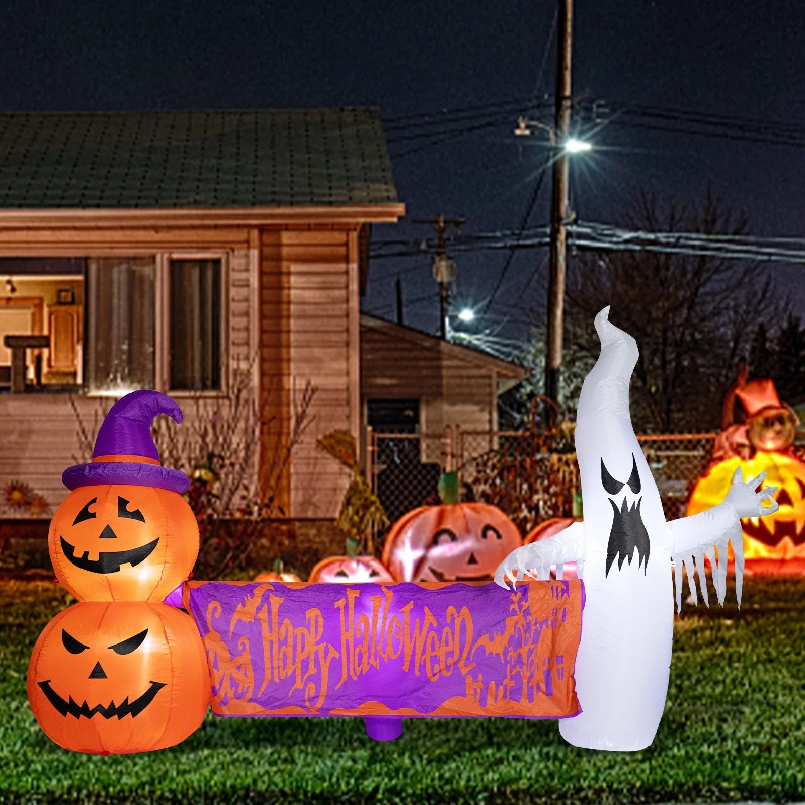 8FT Halloween Inflatables Outdoor Decoration Ghost Pumpkin Holding Happy Halloween Banner with Built-in Lights C680110