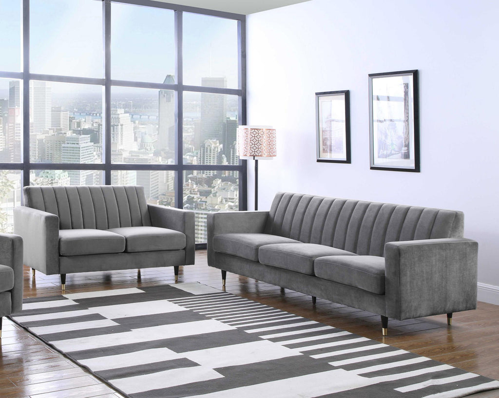 Grey Velvet Channel Tufting Sofa Set 2Pcs C92747