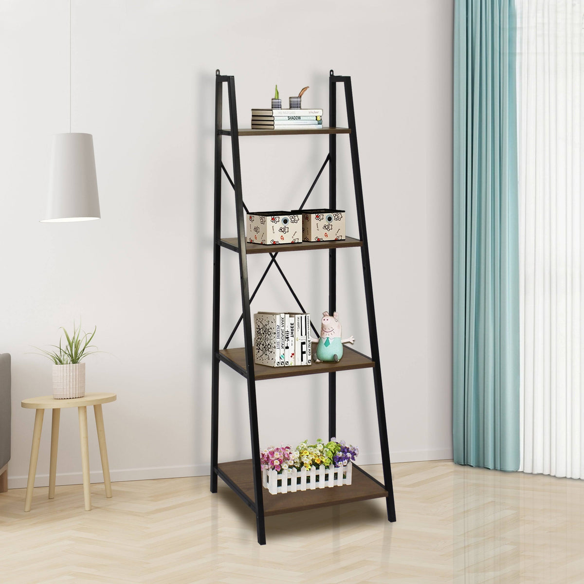 Walnut Ladder Bookshelf with Black Frame Y99632