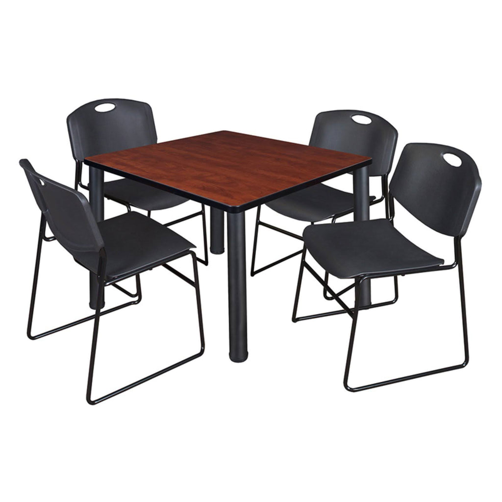 Cherry Black Square Breakroom Table with 4 Stack Chairs F633993