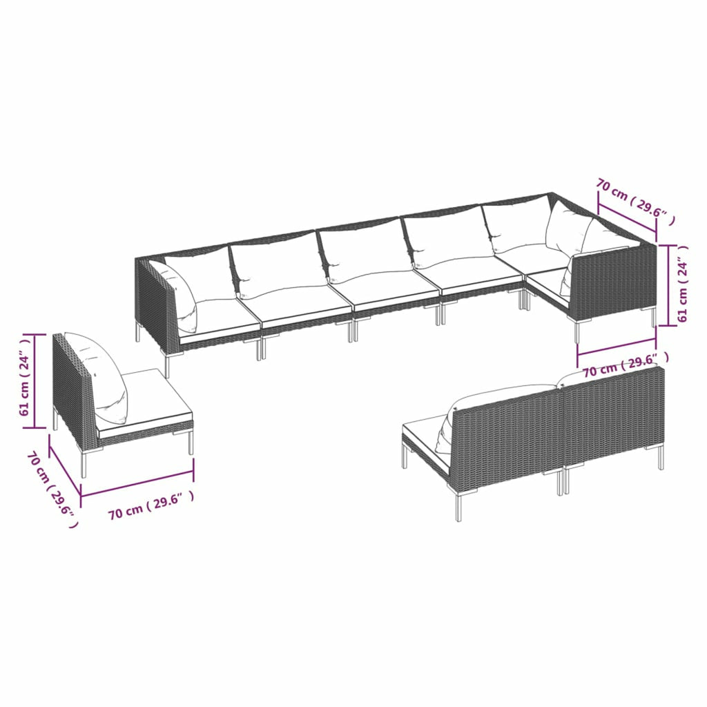 9 Piece Dark Gray Outdoor Sectional Sofa Set with Black Cushions P622