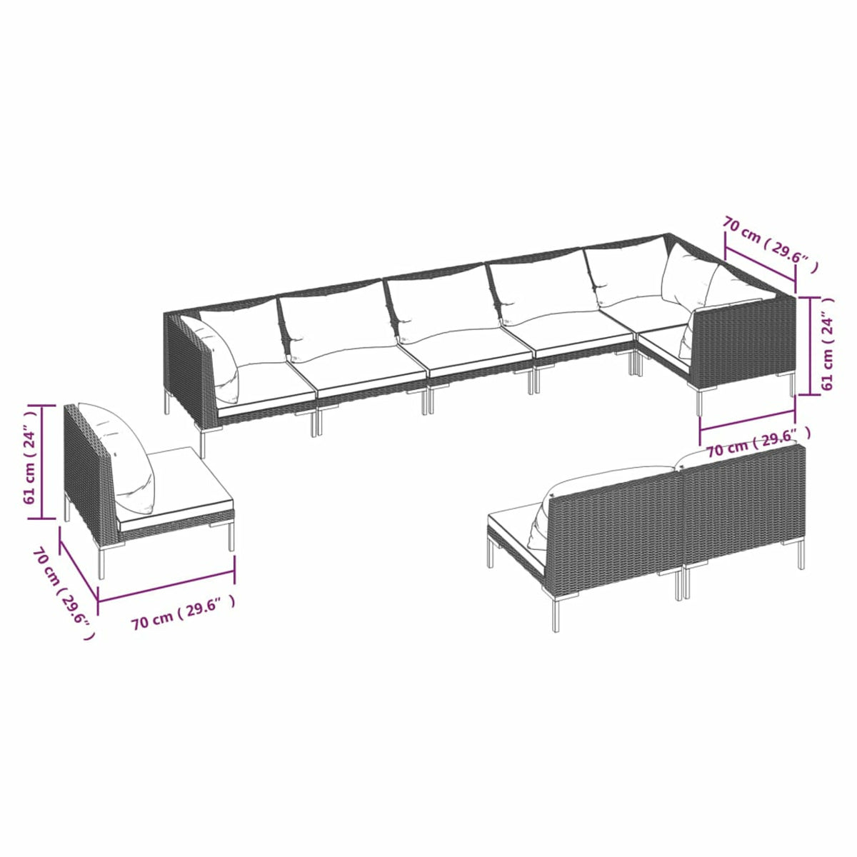 9 Piece Dark Gray Outdoor Sectional Sofa Set with Black Cushions P622