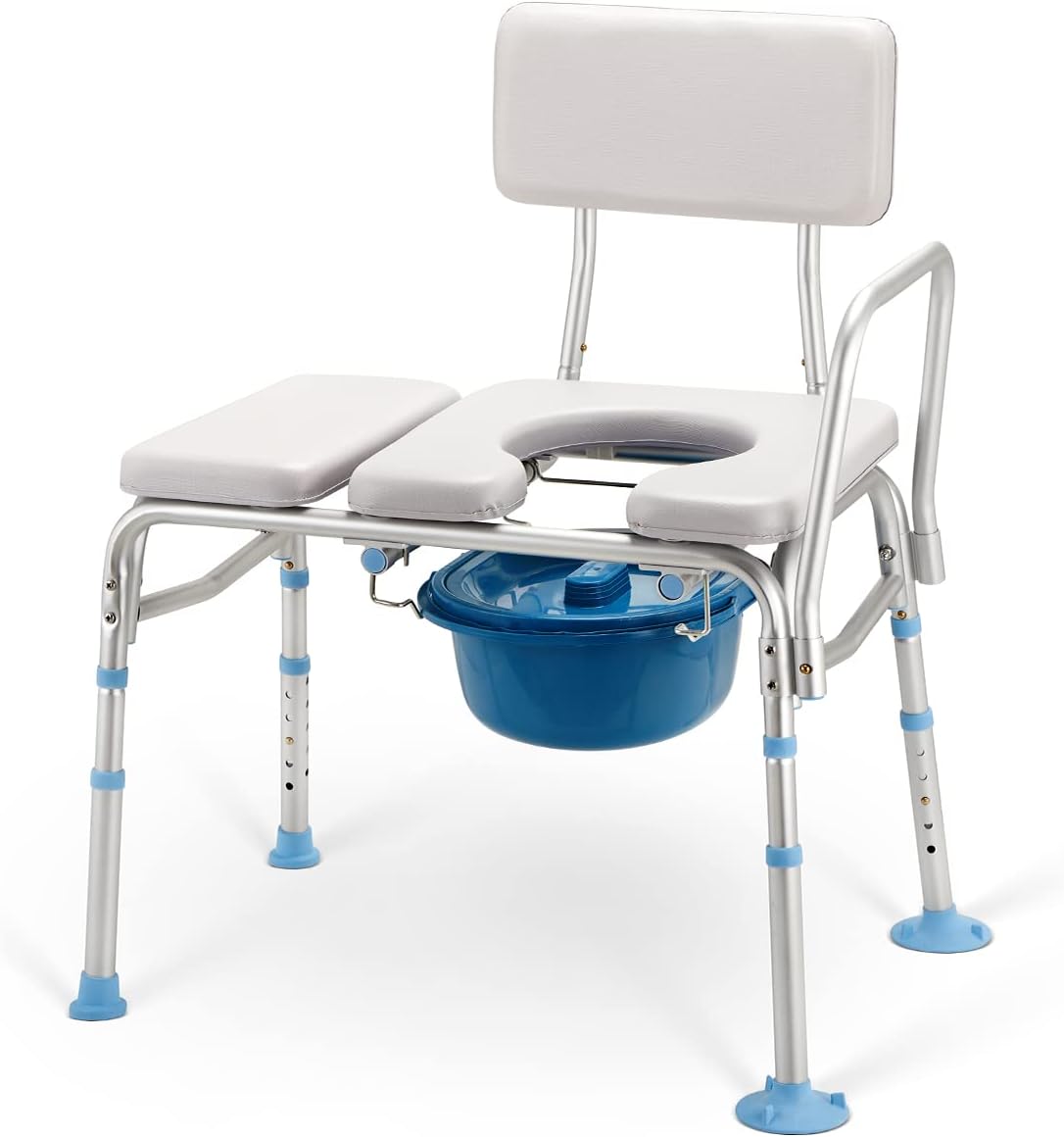 Bathtub Transfer Bench with Commode Opening, Padded Shower Bench with Removable Backrest & Adjustable Legs N946