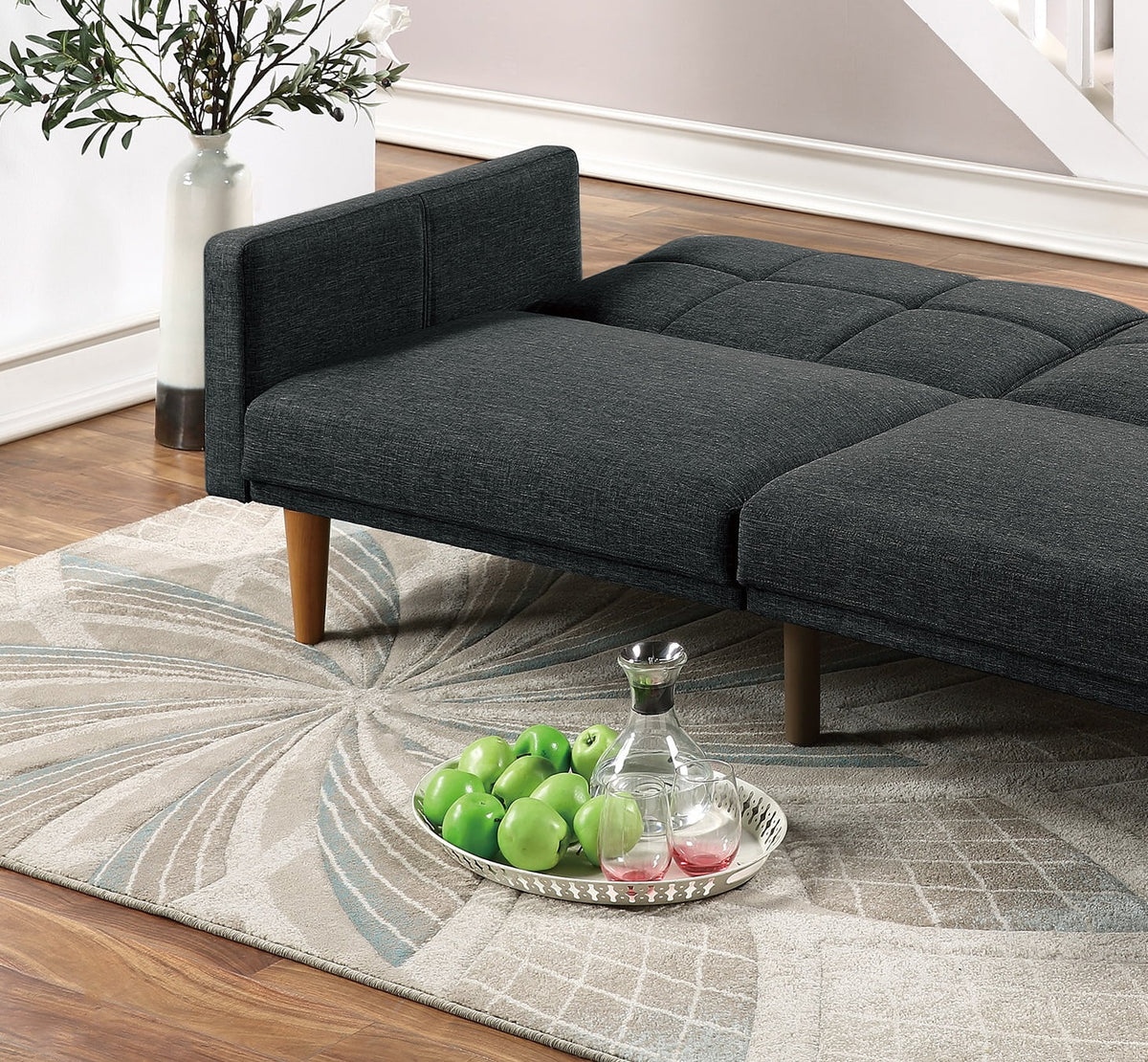 Black Polyfiber Convertible Sofa Couch Bed with Wooden Legs H54137