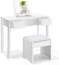 White Vanity Set with Flip Top Mirror and Cushioned Stool E7305
