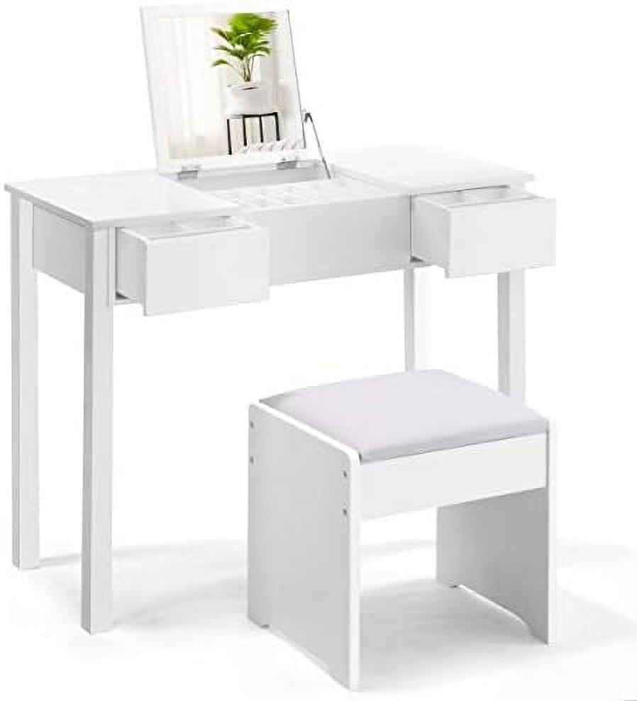 White Vanity Set with Flip Top Mirror and Cushioned Stool E7305