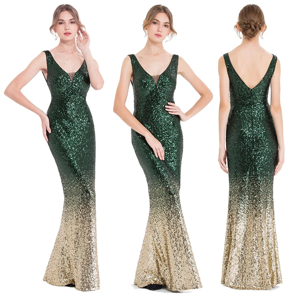 Green Gold V Neck Sequin Mother of Bride Dresses B4691
