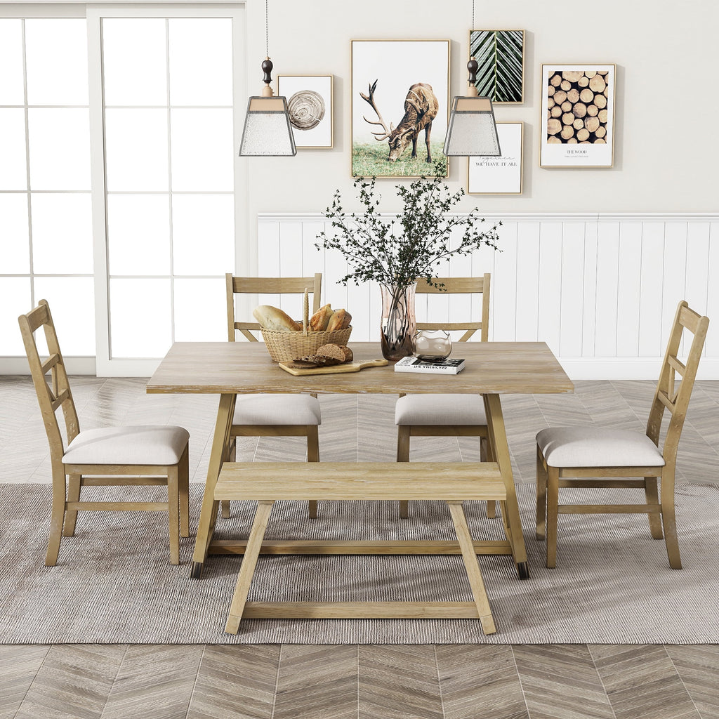 Farmhouse Wood Rectangular Dining Table with Cross Legs, 4 Upholstered Chairs and Bench K3820