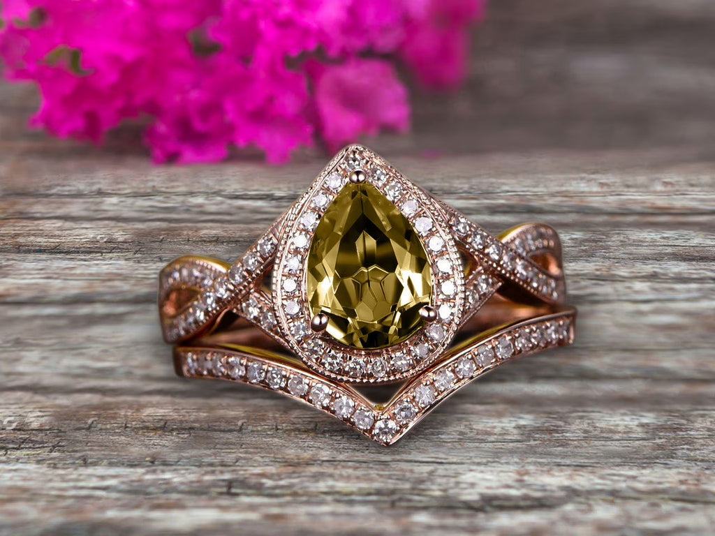 Pear Shape Champagne Diamond Moissanite Ring Set On 10K Rose Gold Halo Bridal Ring M638706