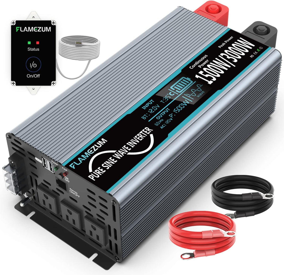 1500 Watt 12V DC to 110V AC Power Inverter with 3 AC Outlets and 2 USB Ports G865533