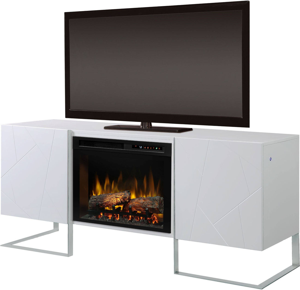 Gloss White Media Console Fireplace with Logs W896020