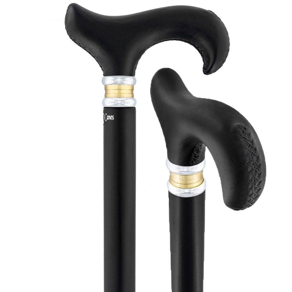 Black Leather Derby Walking Cane with Beechwood Shaft U2407