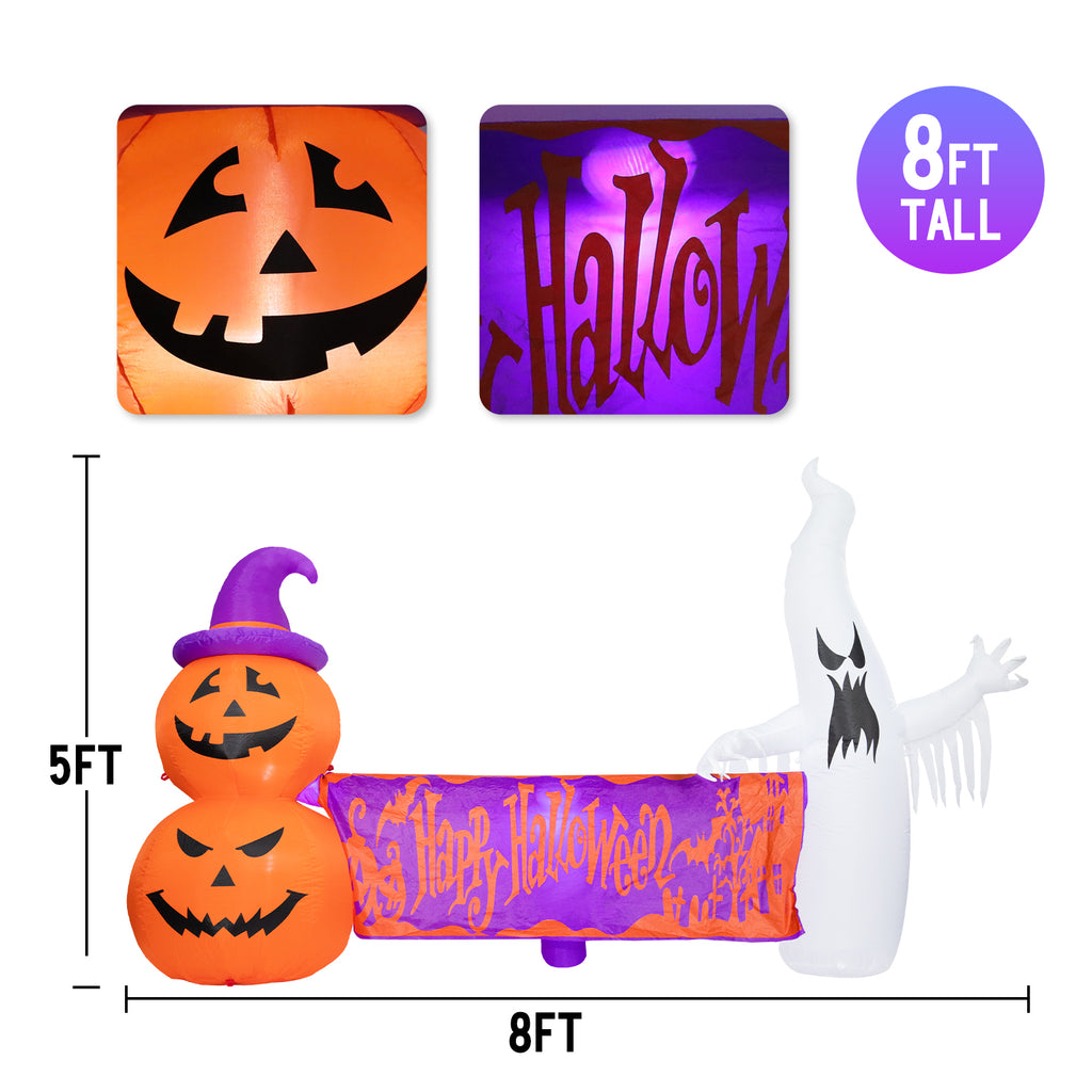 8FT Halloween Inflatables Outdoor Decoration Ghost Pumpkin Holding Happy Halloween Banner with Built-in Lights C680110