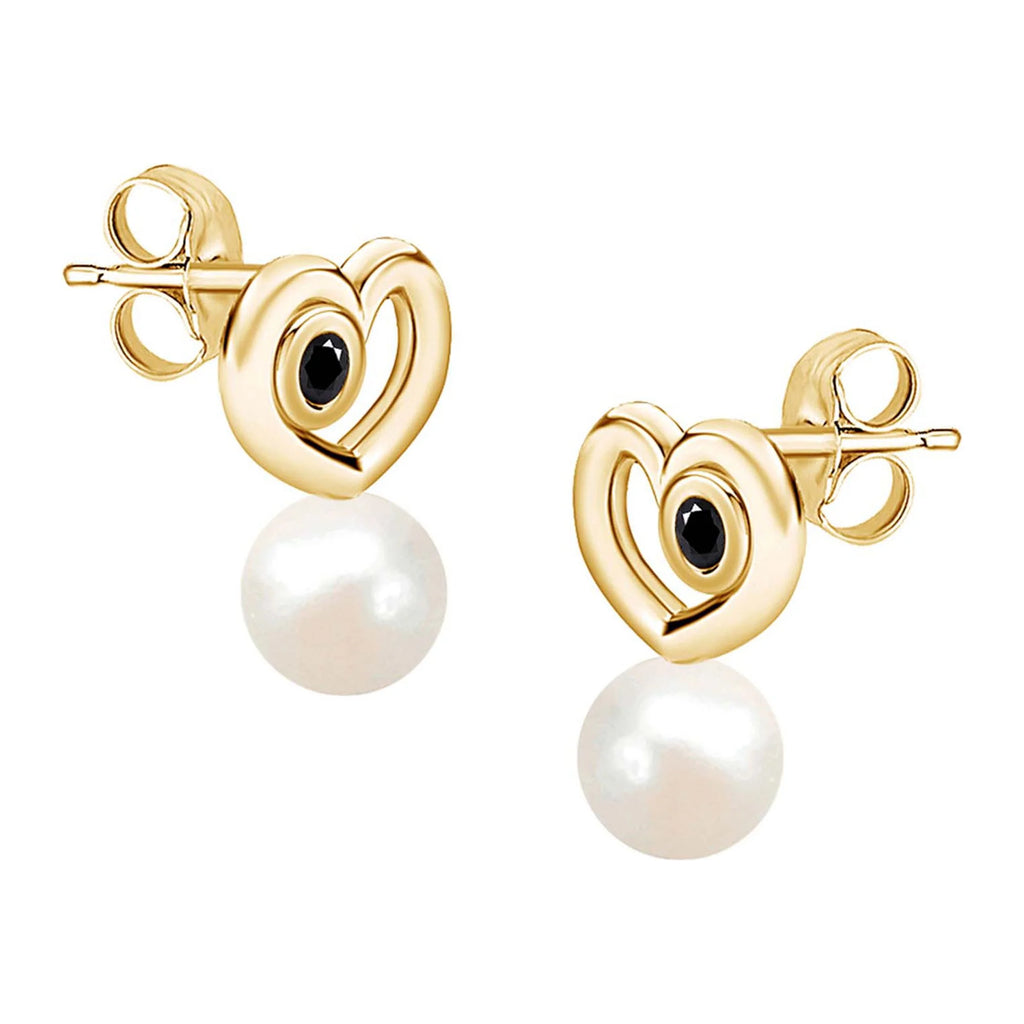 14k Yellow Gold Over Sterling Silver Round Black Natural Diamond & Freshwater Pearl Heart Stud Post Earrings K91391