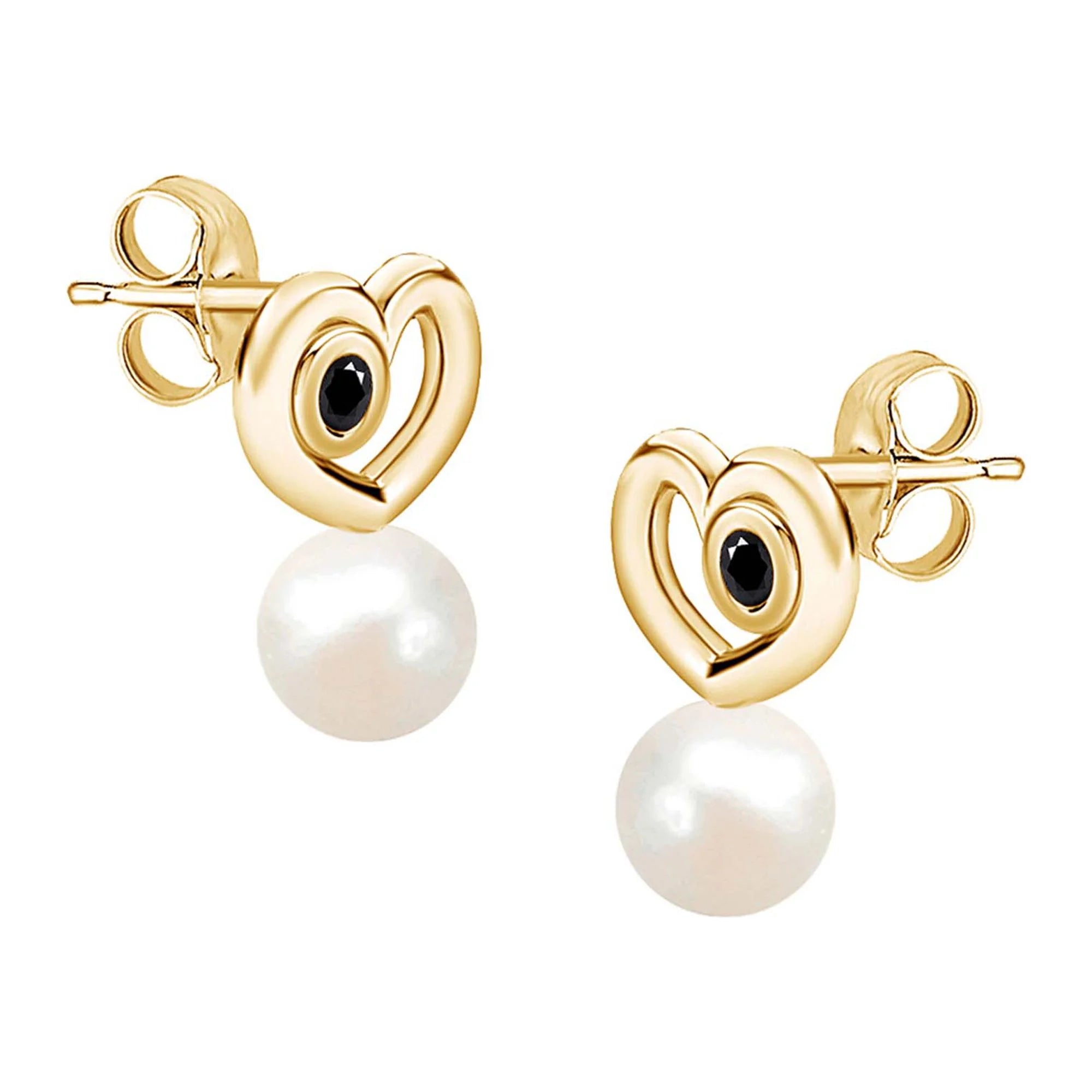 14k Yellow Gold Over Sterling Silver Round Black Natural Diamond & Freshwater Pearl Heart Stud Post Earrings K91391