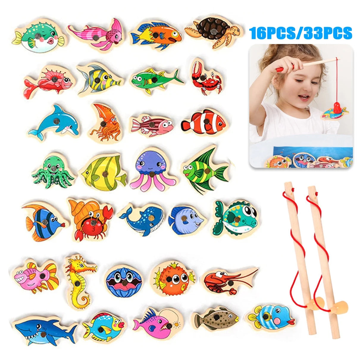 Wooden Magnetic Fishing Game Toys Set with Fish Rod H815