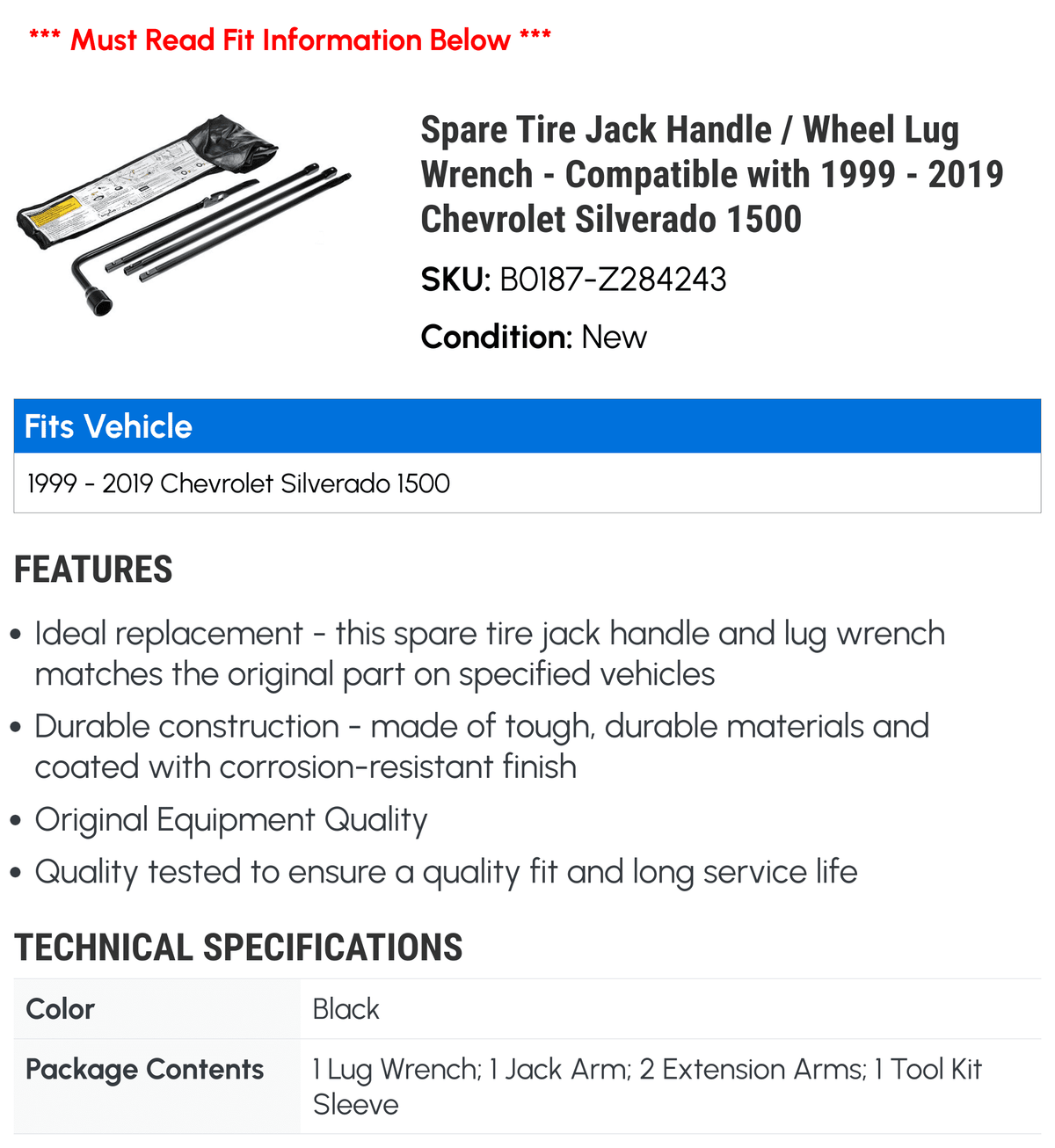 Spare Tire Jack Handle / Wheel Lug Wrench C2982