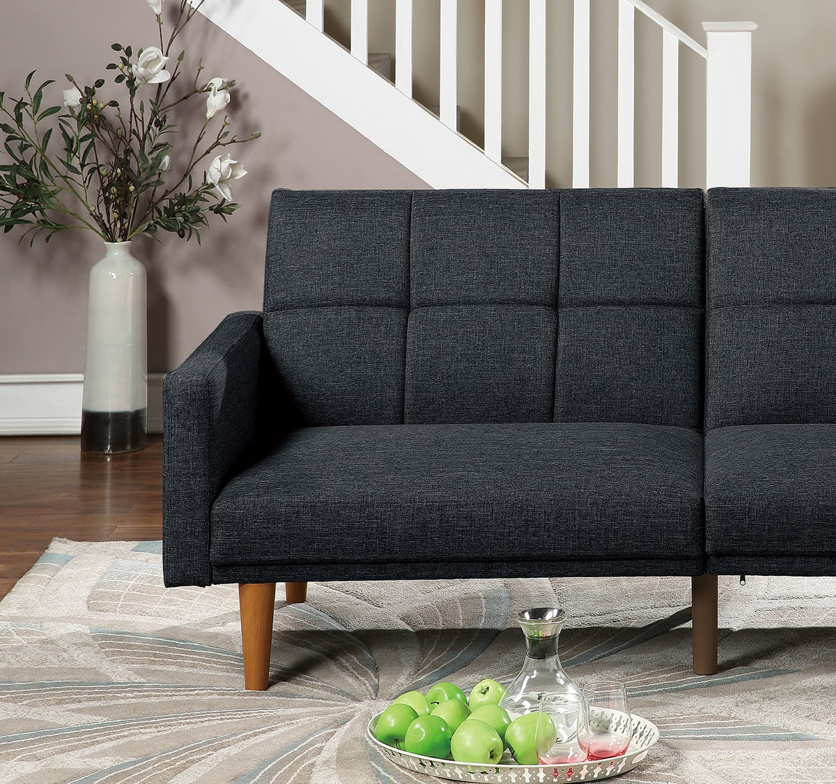 Black Polyfiber Convertible Sofa Couch Bed with Wooden Legs H54137