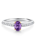 925 Sterling Silver 10K Yellow Gold Purple Amethyst White Lab Grown Diamond Engagement Ring (0.63 Cttw, Oval 6X4MM) D221579