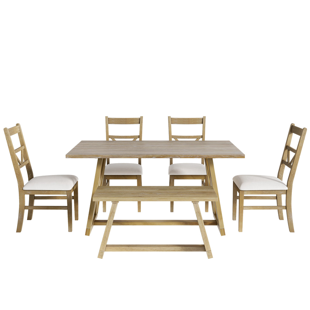 Farmhouse Wood Rectangular Dining Table with Cross Legs, 4 Upholstered Chairs and Bench K3820