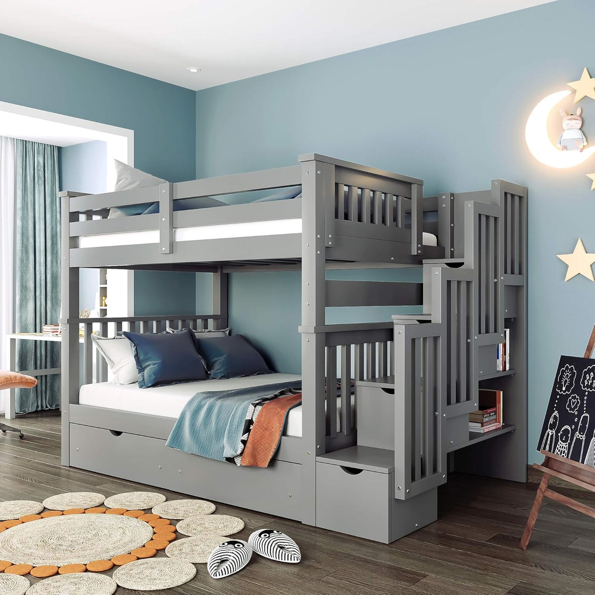 White Twin Over Twin Bunk with Trundle, 4 Drawers, and 3 Shelves C4736