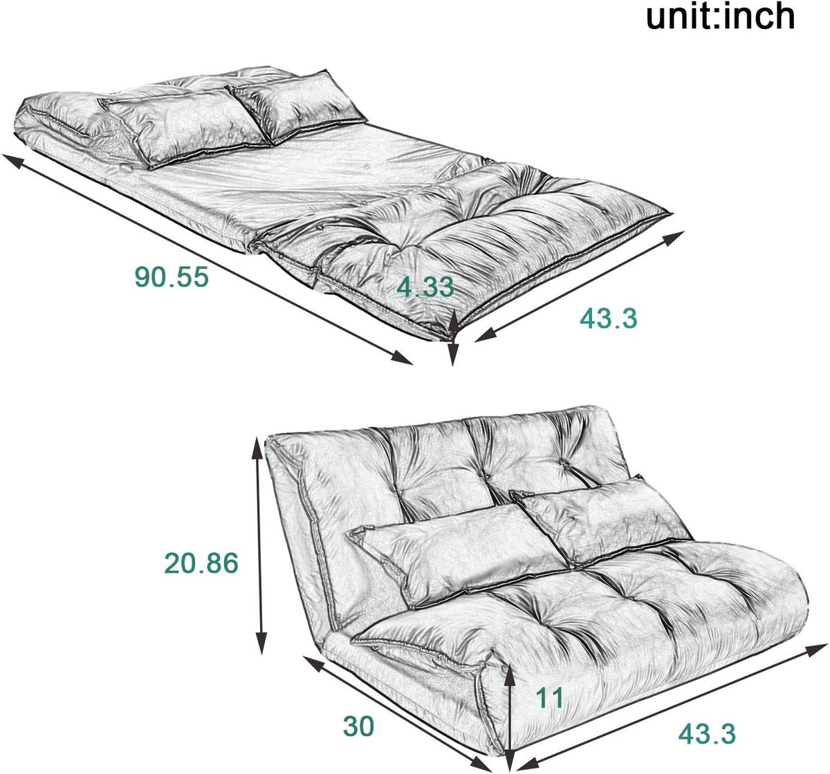 Adjustable Floor Sofa Bed with 2 Pillows, 5 Reclining Position, Black G36901
