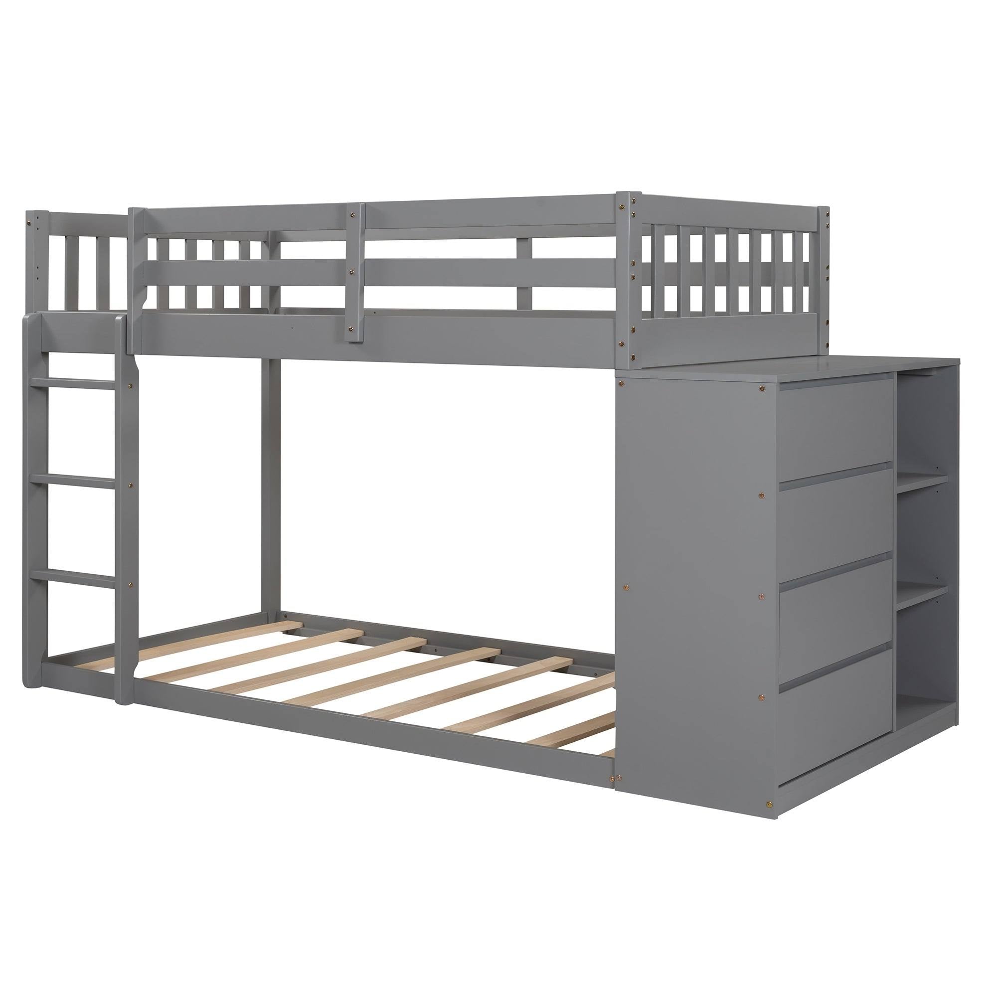Gray Twin Over Twin Bunk Bed with 4 Drawer Storage Cabinet W64664