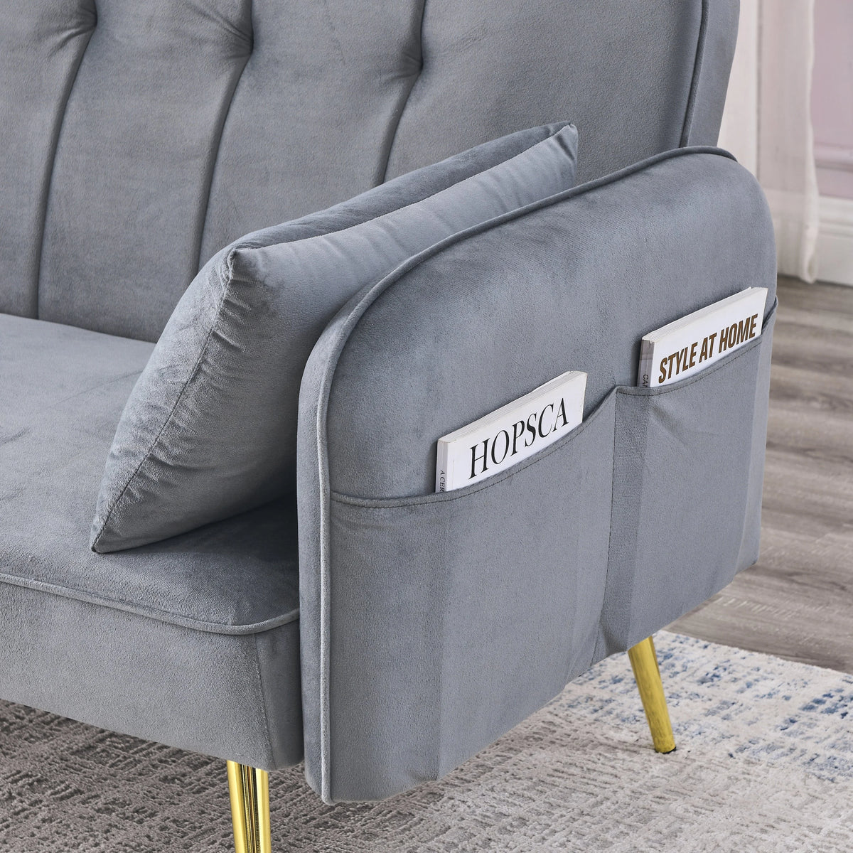 Grey Convertible Velvet Sofa Bed I692