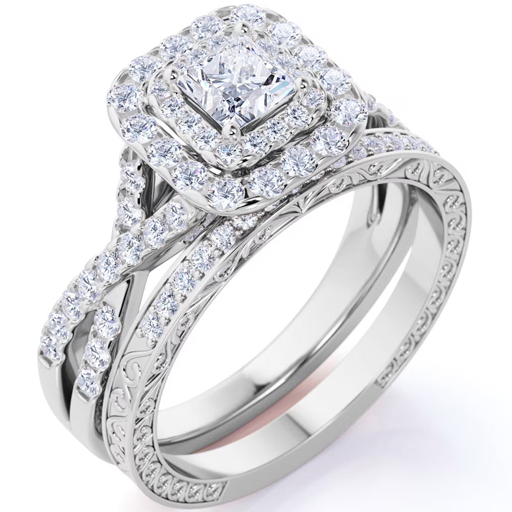 18K White Gold over Silver Moissanite Wedding Ring Set M49044