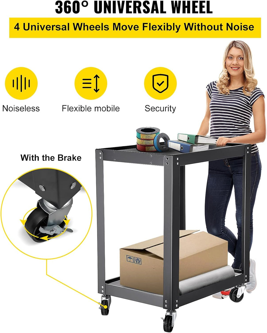 AV Cart with Power Strip, 2 Shelves, 4 Rolling Casters and 2 Locking Brakes O92337