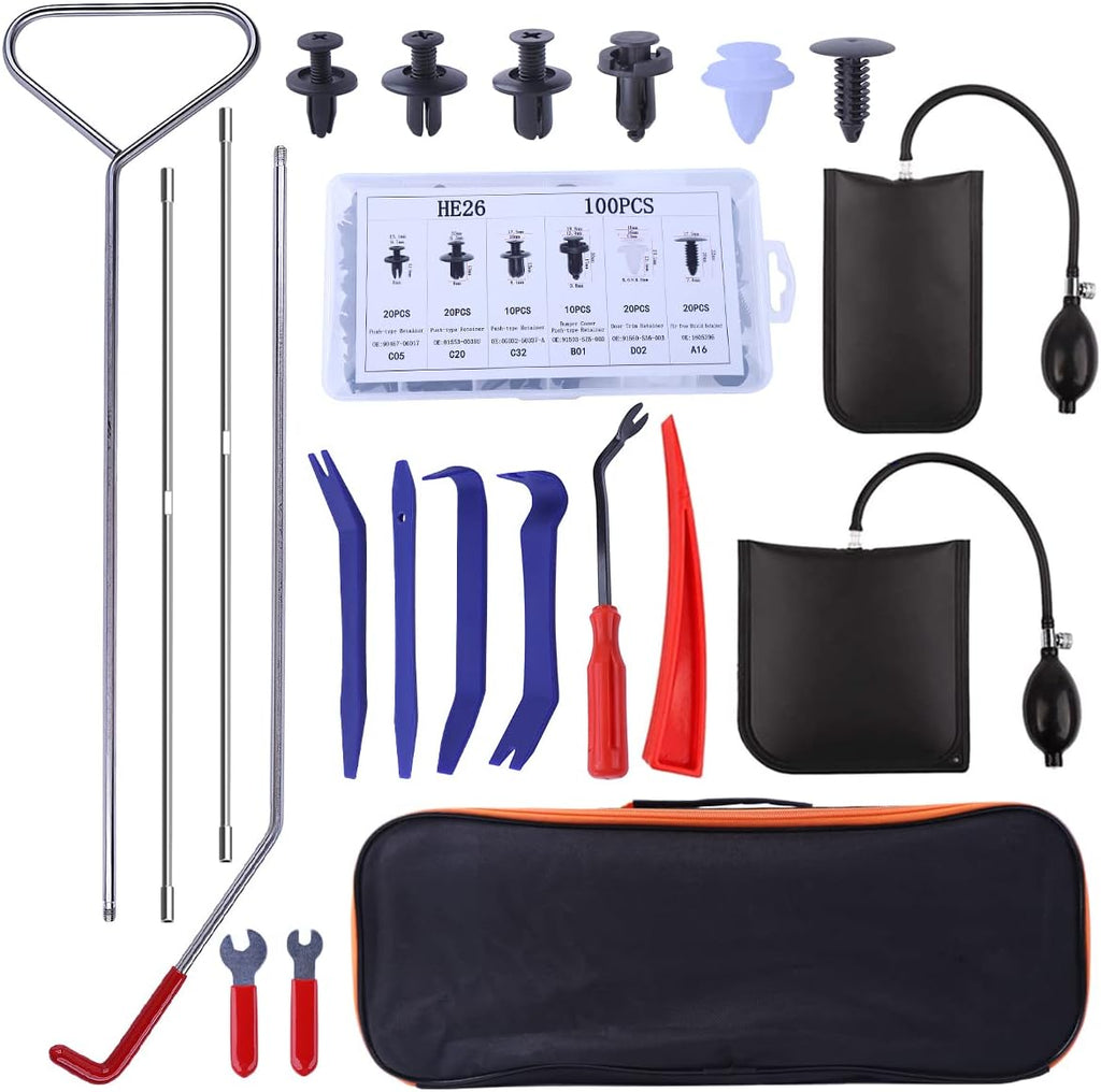 24 PC Car Tool Kit with Non Marring Wedge Air Pump Bag Stainless Steel Long Reach Tools L170922
