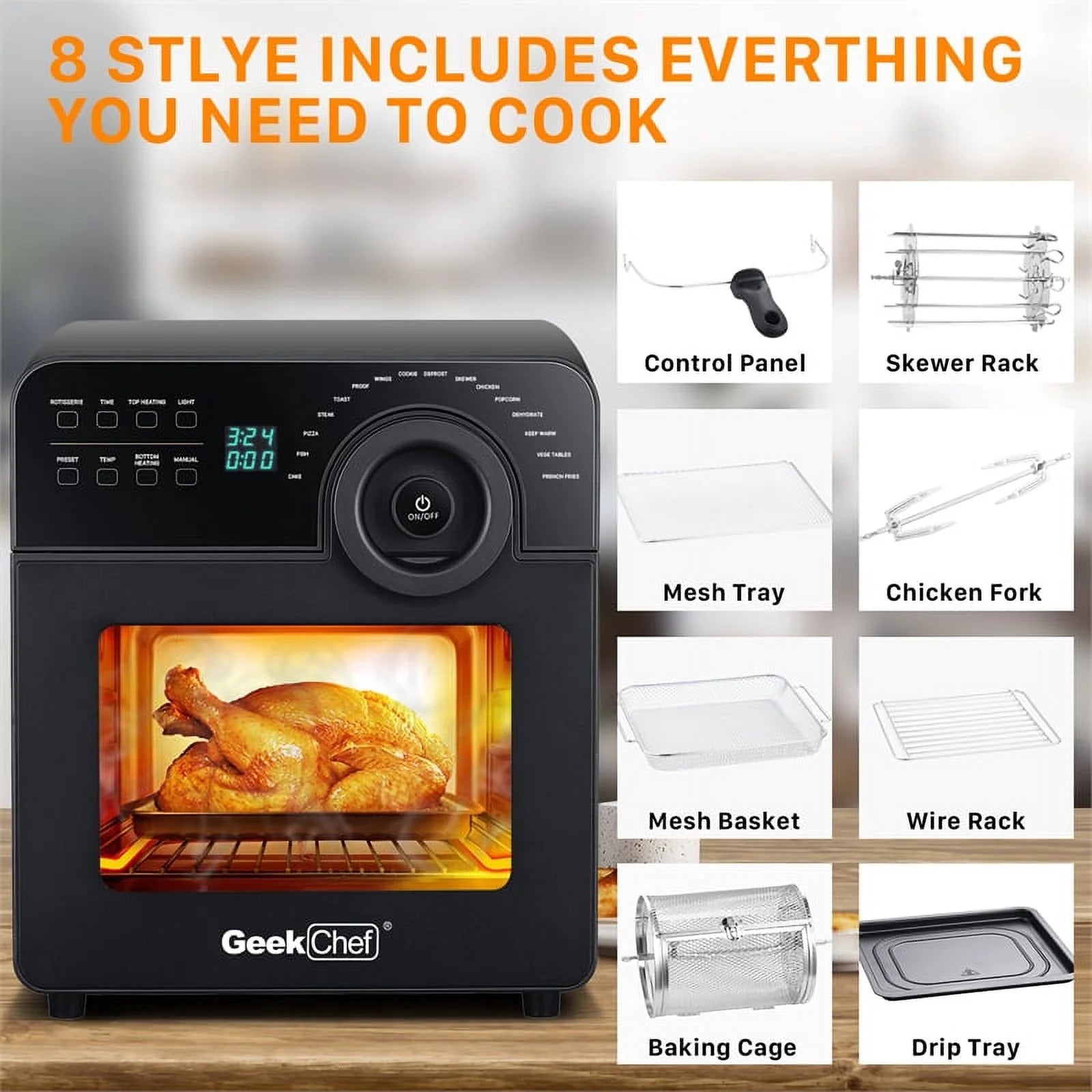 Black 16-in-1 Digital Air Fryer Oven with Rotisserie and Dehydrator K138