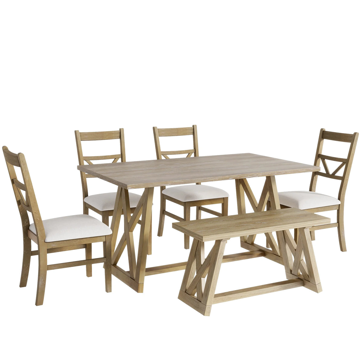 Farmhouse Wood Rectangular Dining Table with Cross Legs, 4 Upholstered Chairs and Bench K3820